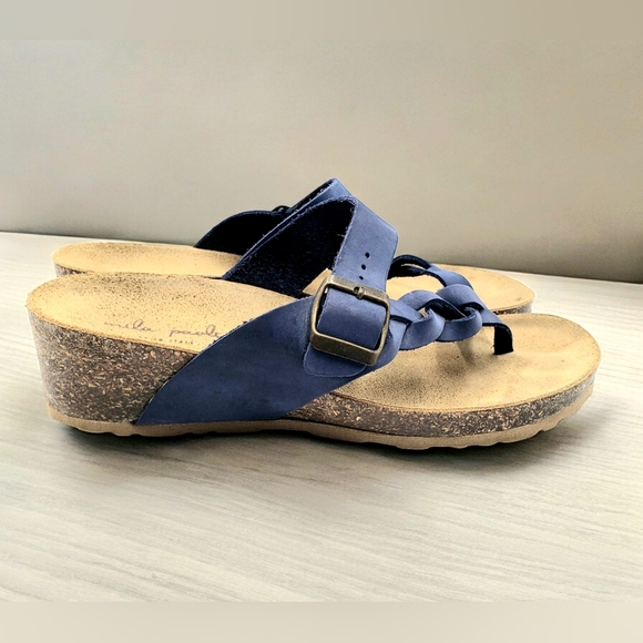 Mila Paoli Women 9.5 Cork Wedge Leather Sandals Blue Toe Wrap Braid Buckle Strap - Picture 4 of 11